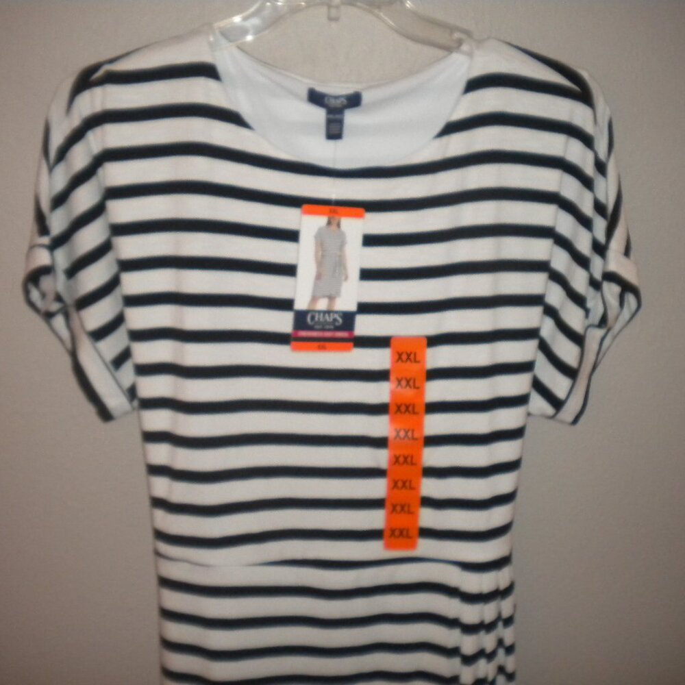 Chaps Women's Plus Size XXL Black White Striped Stretch Short Sleeve Dress NWT - Picture 3 of 5
